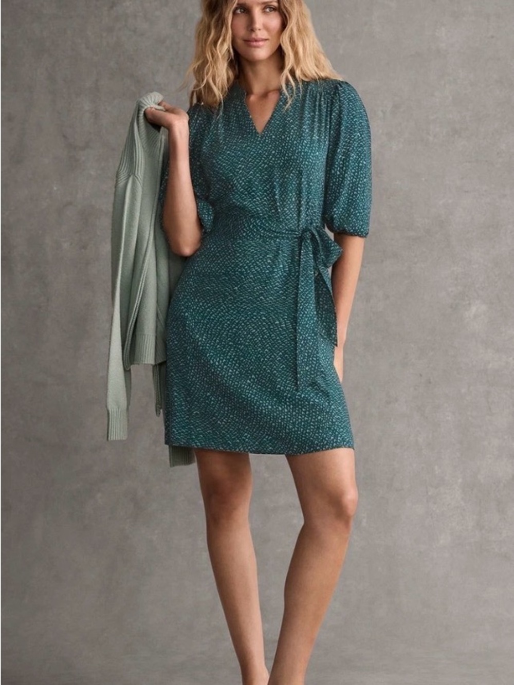 CAbi Teal Printed Wrap Tie Mini Dress Style #5025, Fall 2025